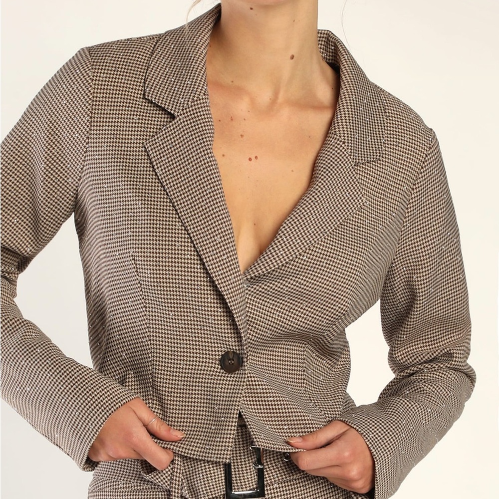 Shine to Five Beige and Brown Rhinestone Houndstooth Blazer
